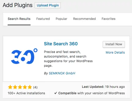 install Site Search 360 WordPress plugin